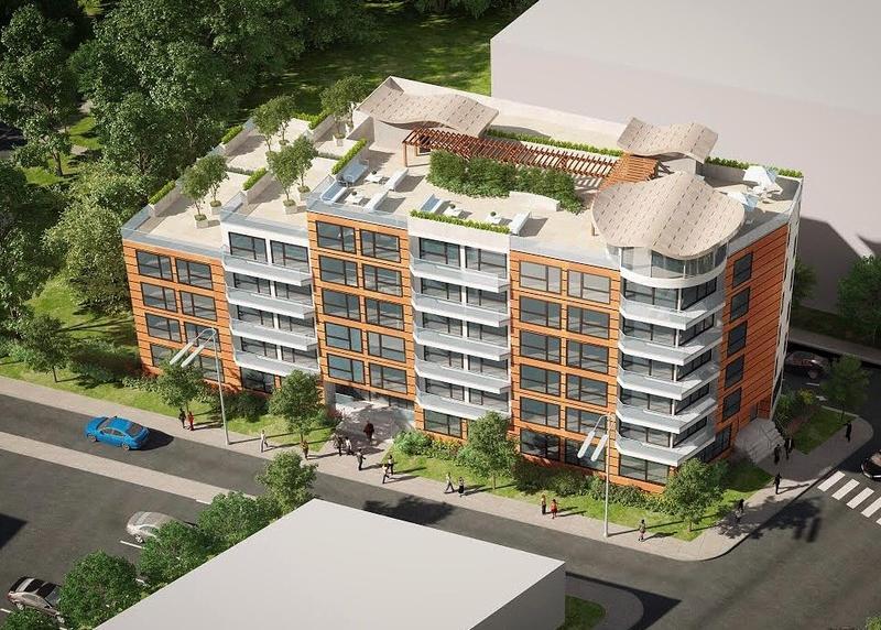 Artist's rendering of a proposed apartment building showing
