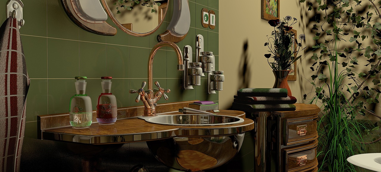 Vintage-inspired bathroom with a copper sink, green tiled walls, wooden accents, and indoor plants